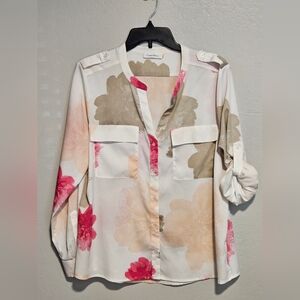 Calvin Klein Multicolor Floral Button Front Lg Sleeve Tab Blouse P2P 22" Size M